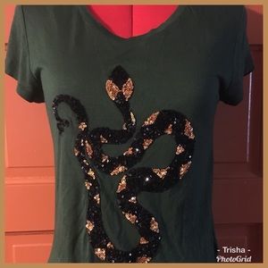 H&M, dark green, black & copper sequined snake tee